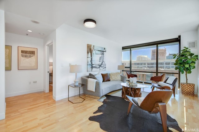 living room featuring floor to ceiling windows and light wood-type flooring