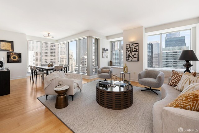 188 Minna St Unit 24A, San Francisco, CA 94105 - living area featuring light wood finished floors, baseboards, and a view of city
