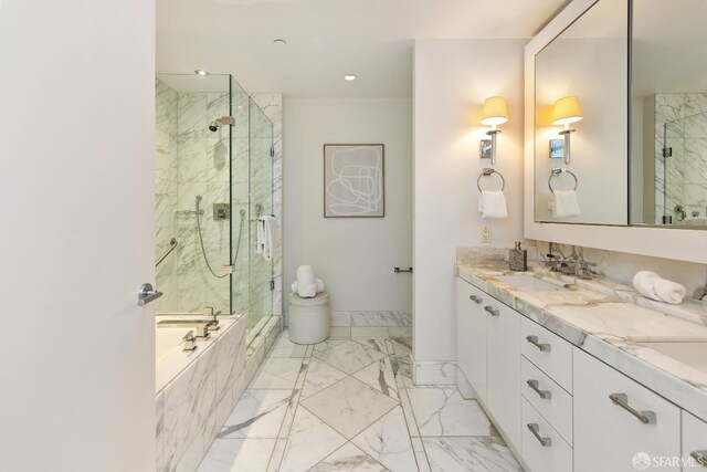 188 Minna St Unit 24A, San Francisco, CA 94105 - full bathroom with a marble finish shower, a bath, double vanity, marble finish flooring, and recessed lighting