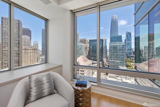 188 Minna St Unit 24A, San Francisco, CA 94105 - living area featuring a view of skyline and wood finished floors