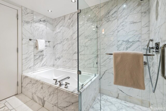 188 Minna St Unit 24A, San Francisco, CA 94105 - full bath featuring a marble finish shower, a garden tub, and recessed lighting