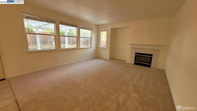 unfurnished living room with light colored carpet