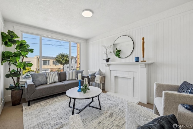 77 Reddy St, San Francisco, CA 94124 - carpeted living area featuring a fireplace with flush hearth and a textured ceiling