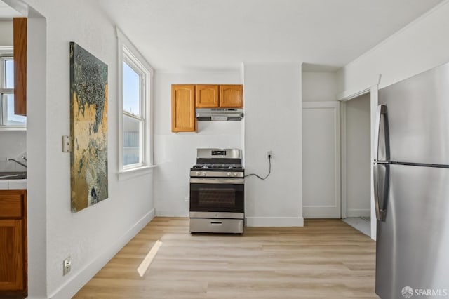 77 Reddy St, San Francisco, CA 94124 - kitchen featuring stainless steel appliances, under cabinet range hood, light wood finished floors, baseboards, and a sink