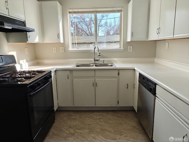 kitchen with stainless steel dishwasher, black range with gas stovetop, white cabinets, a sink, and under cabinet range hood