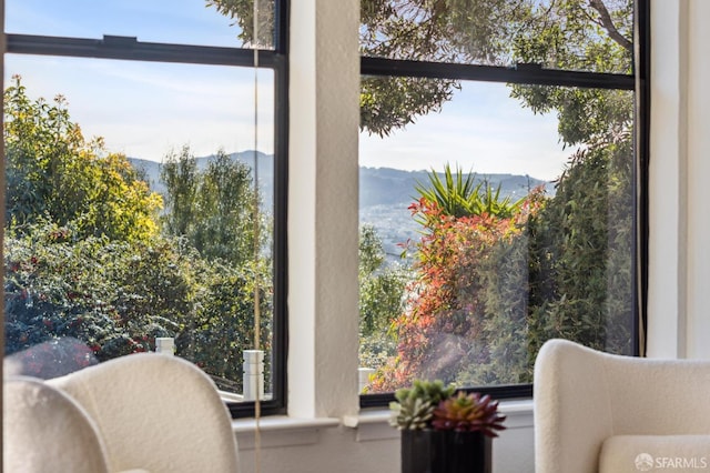 interior space with a mountain view