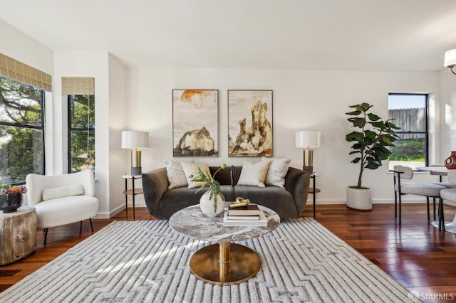 living room with dark hardwood / wood-style floors