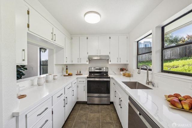 kitchen featuring white cabinetry, black dishwasher, sink, and stainless steel range with electric cooktop