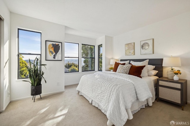 bedroom featuring light colored carpet