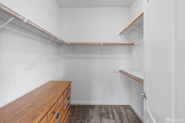 spacious closet with dark colored carpet