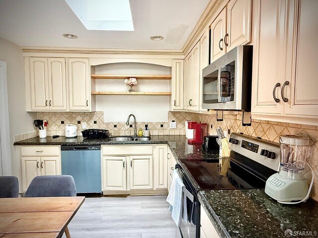 38002 Stenhammer Dr, Fremont, CA 94536 - kitchen with appliances with stainless steel finishes, a sink, a skylight, open shelves, and cream cabinets