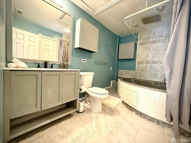 38002 Stenhammer Dr, Fremont, CA 94536 - bathroom featuring tiled shower / bath, marble look tiles, toilet, and vanity