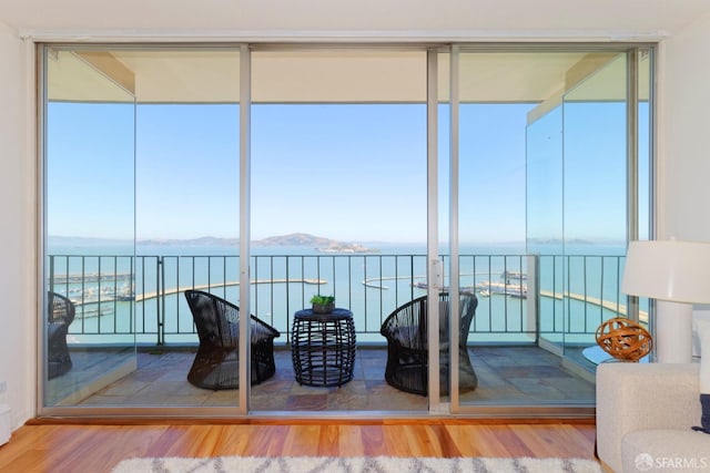 sunroom / solarium featuring plenty of natural light and a water and mountain view