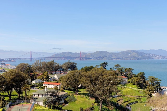 drone / aerial view featuring a water and mountain view