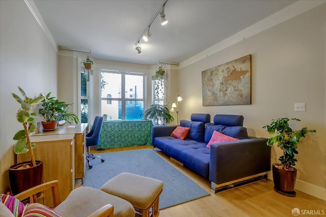 living room with ornamental molding, rail lighting, and light wood-type flooring