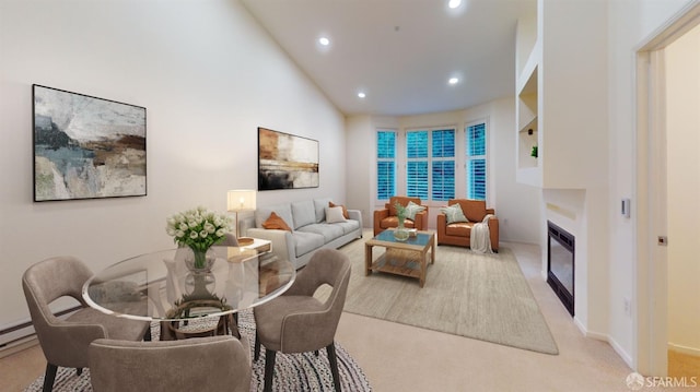 living room with high vaulted ceiling and light carpet