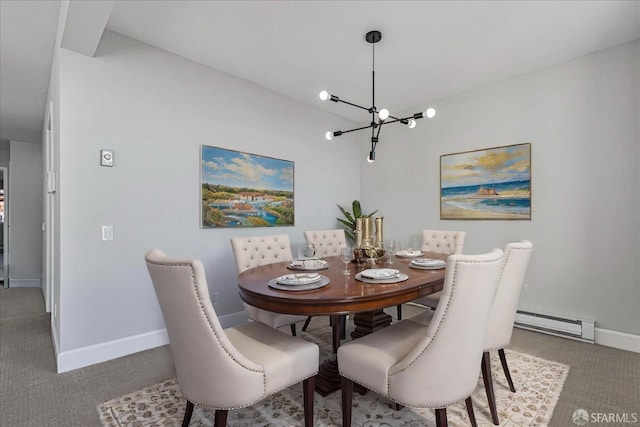 dining area with an inviting chandelier, carpet, and a baseboard radiator