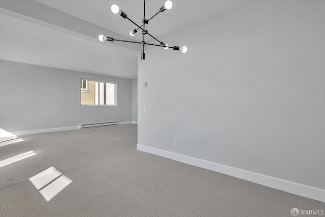 interior space featuring a baseboard heating unit and a chandelier