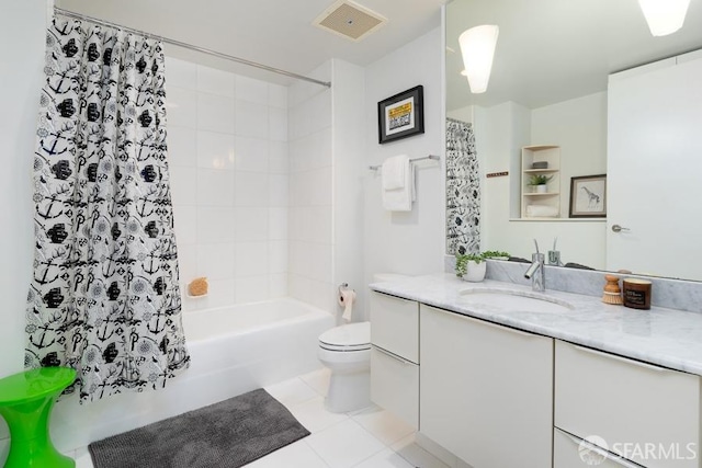 full bathroom with vanity, toilet, shower / bathtub combination with curtain, and tile patterned floors