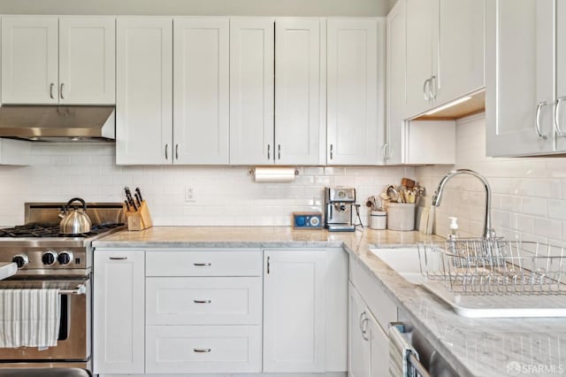 kitchen with range hood, high end stove, decorative backsplash, and white cabinetry