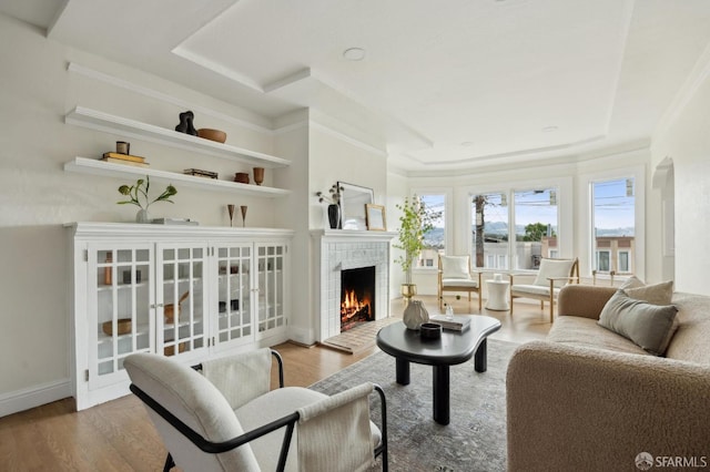 living room with wood-type flooring and a fireplace