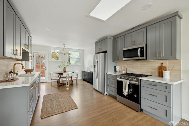 kitchen featuring appliances with stainless steel finishes, decorative light fixtures, sink, gray cabinetry, and light hardwood / wood-style floors