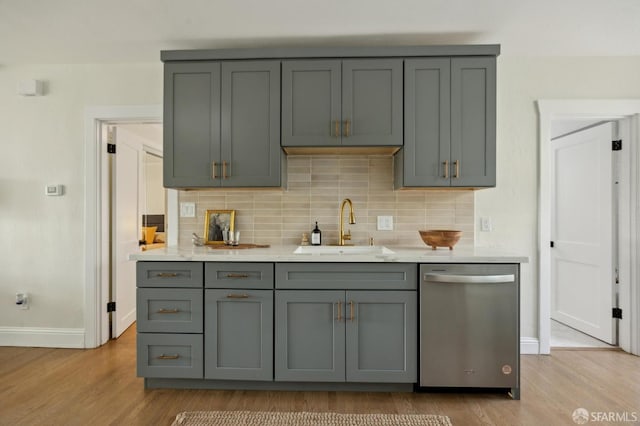 kitchen featuring stainless steel dishwasher, gray cabinets, sink, and decorative backsplash