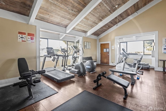 workout area with wooden ceiling, high vaulted ceiling, and a wealth of natural light