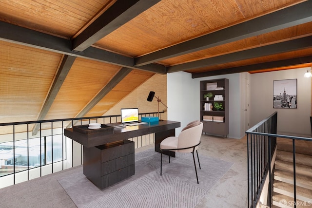 office area featuring carpet floors, wooden ceiling, and beam ceiling