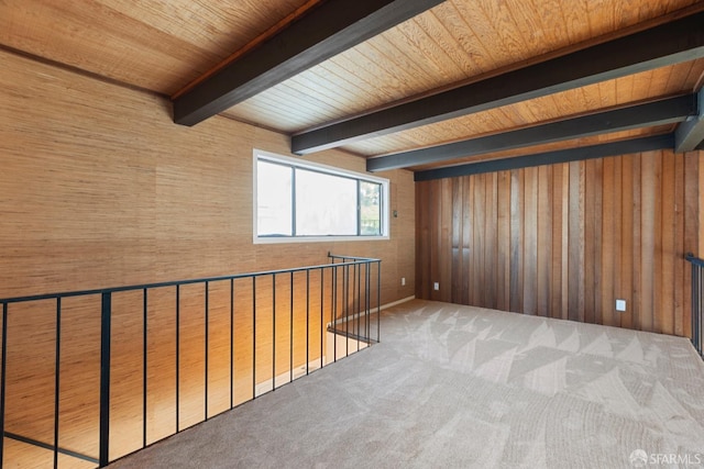 unfurnished room featuring carpet floors, wooden ceiling, beam ceiling, and wooden walls