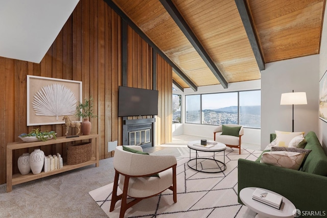 living room with carpet, a glass covered fireplace, wood walls, high vaulted ceiling, and beamed ceiling