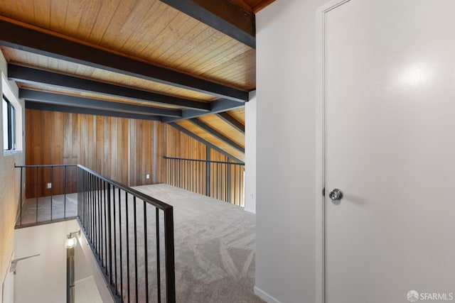 hallway with carpet floors, wooden ceiling, wood walls, and vaulted ceiling with beams