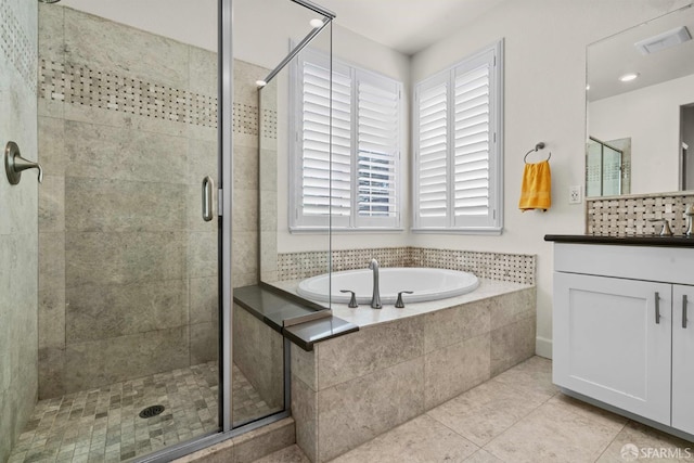 382 Crestview Cir, Daly City, CA 94015 - bathroom with vanity, a bath, a stall shower, and tile patterned flooring