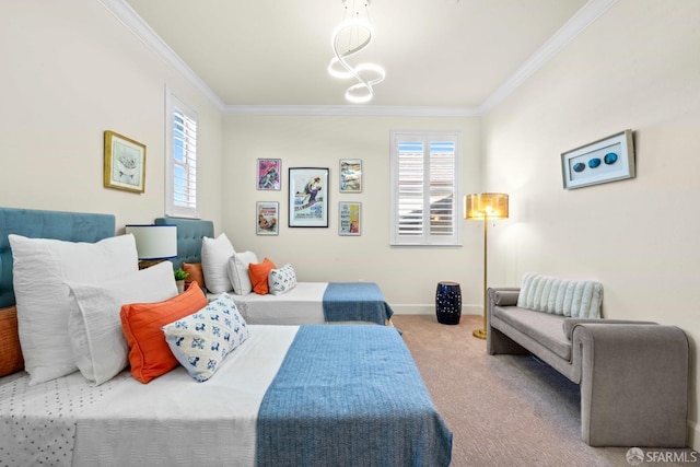 382 Crestview Cir, Daly City, CA 94015 - carpeted bedroom featuring crown molding, multiple windows, and a chandelier