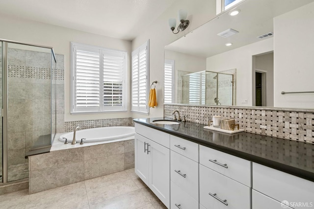 382 Crestview Cir, Daly City, CA 94015 - full bath featuring vanity, a stall shower, a garden tub, tile patterned flooring, and decorative backsplash