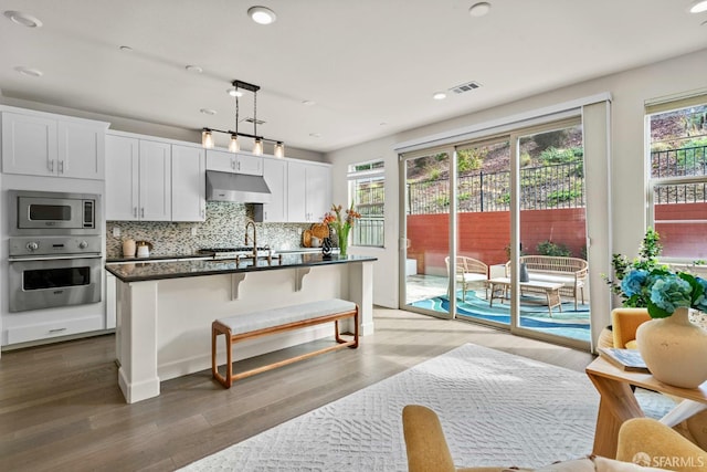 382 Crestview Cir, Daly City, CA 94015 - kitchen with stainless steel appliances, under cabinet range hood, tasteful backsplash, recessed lighting, and a kitchen bar
