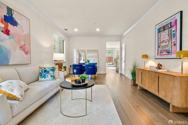 382 Crestview Cir, Daly City, CA 94015 - living area featuring hardwood / wood-style flooring, ornamental molding, healthy amount of natural light, and recessed lighting