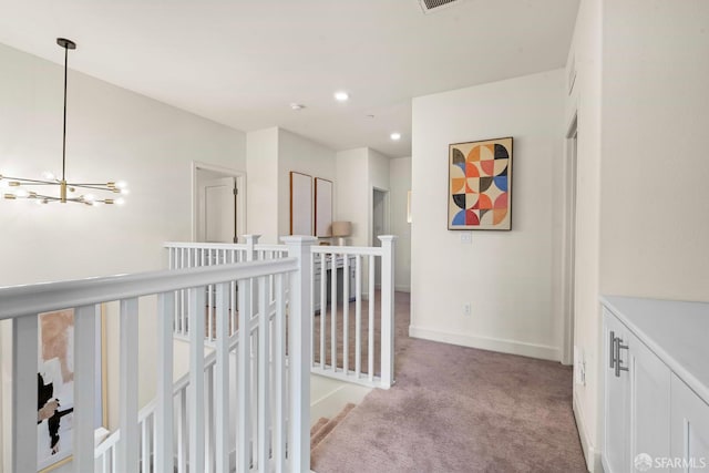 382 Crestview Cir, Daly City, CA 94015 - hall with an upstairs landing, light carpet, a chandelier, and recessed lighting