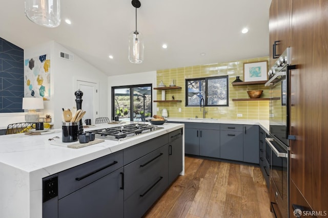 2031 Buena Vista Dr, Pinole, CA 94564 - kitchen featuring a sink, open shelves, appliances with stainless steel finishes, gray cabinetry, and dark wood-type flooring