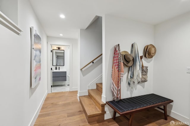 2031 Buena Vista Dr, Pinole, CA 94564 - entryway with recessed lighting, light wood-style floors, stairs, and baseboards