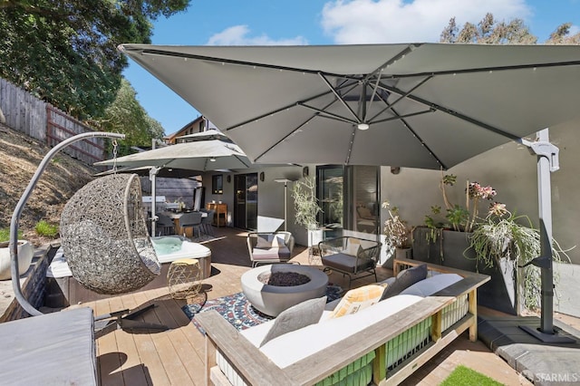 2031 Buena Vista Dr, Pinole, CA 94564 - wooden deck with outdoor dining space and an outdoor living space with a fire pit