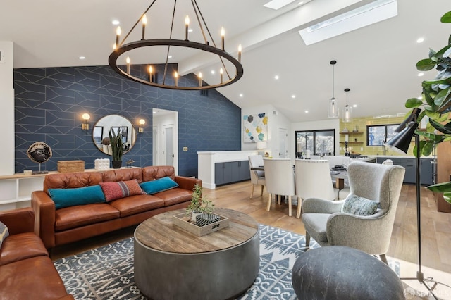 2031 Buena Vista Dr, Pinole, CA 94564 - living area featuring wood finished floors, a skylight, a chandelier, and recessed lighting