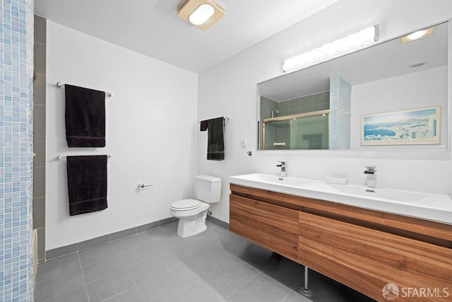 2407 Harrison St Unit 11, San Francisco, CA 94110 - full bath with toilet, double vanity, a stall shower, tile patterned flooring, and baseboards