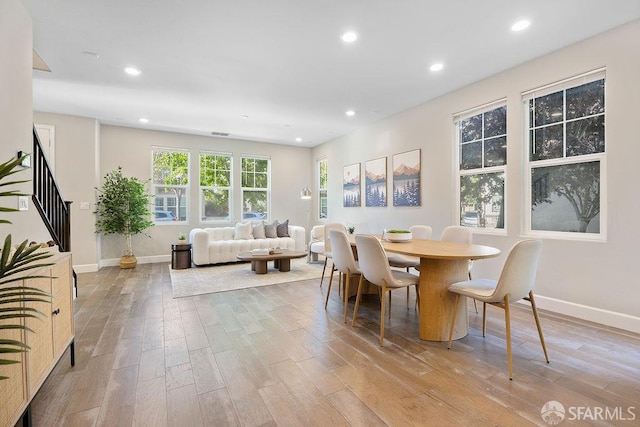 192 Montevina Way, Hayward, CA 94545 - dining space with light wood-type flooring, stairway, baseboards, and recessed lighting