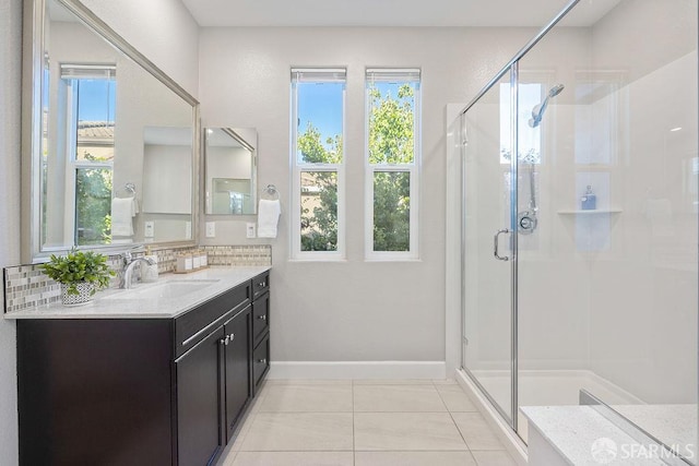 192 Montevina Way, Hayward, CA 94545 - bathroom featuring a shower stall, vanity, baseboards, tasteful backsplash, and tile patterned floors
