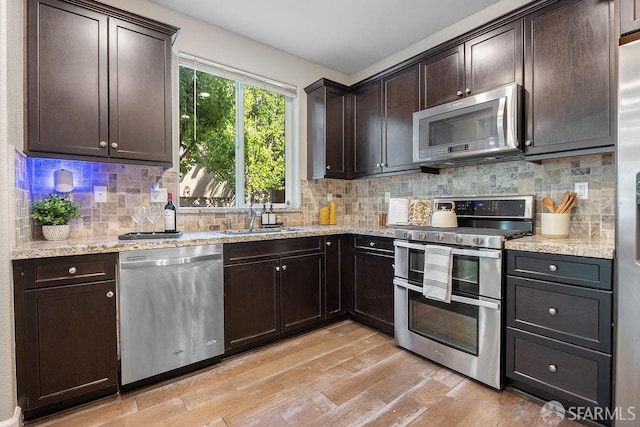 192 Montevina Way, Hayward, CA 94545 - kitchen featuring appliances with stainless steel finishes, a sink, dark brown cabinetry, light wood finished floors, and decorative backsplash