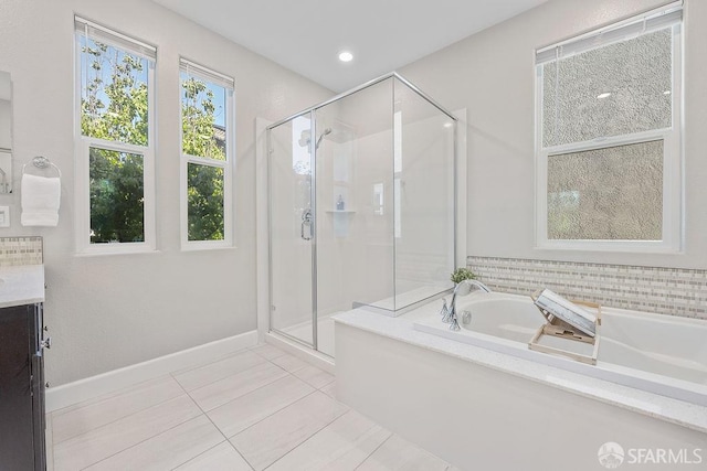 192 Montevina Way, Hayward, CA 94545 - bathroom featuring a shower stall, a bath, tile patterned floors, and vanity