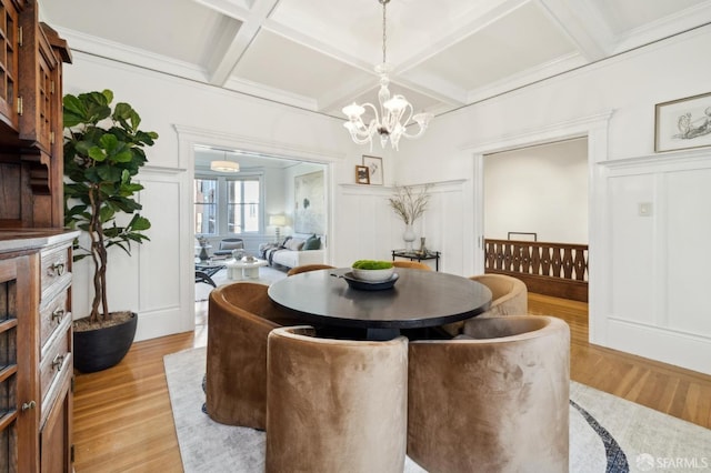 dining room with a notable chandelier, beamed ceiling, coffered ceiling, and light wood-type flooring