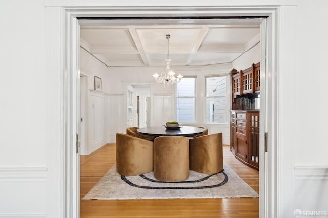 dining area featuring hardwood / wood-style floors, beam ceiling, coffered ceiling, and a notable chandelier