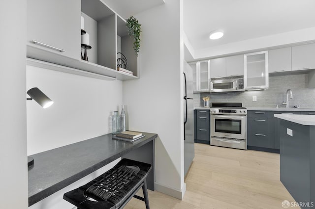 kitchen featuring stainless steel appliances, decorative backsplash, glass insert cabinets, white cabinetry, and a sink